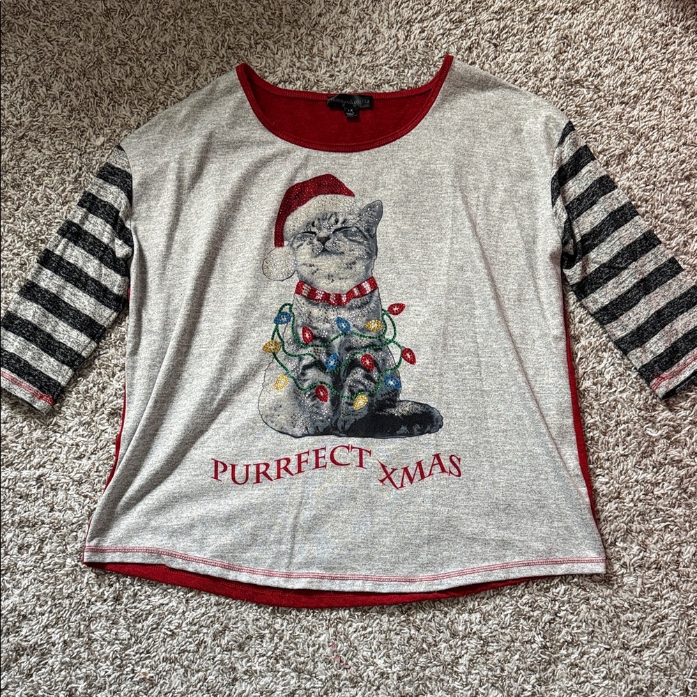 Gray and Red Christmas Cat 3/4 Sleeves